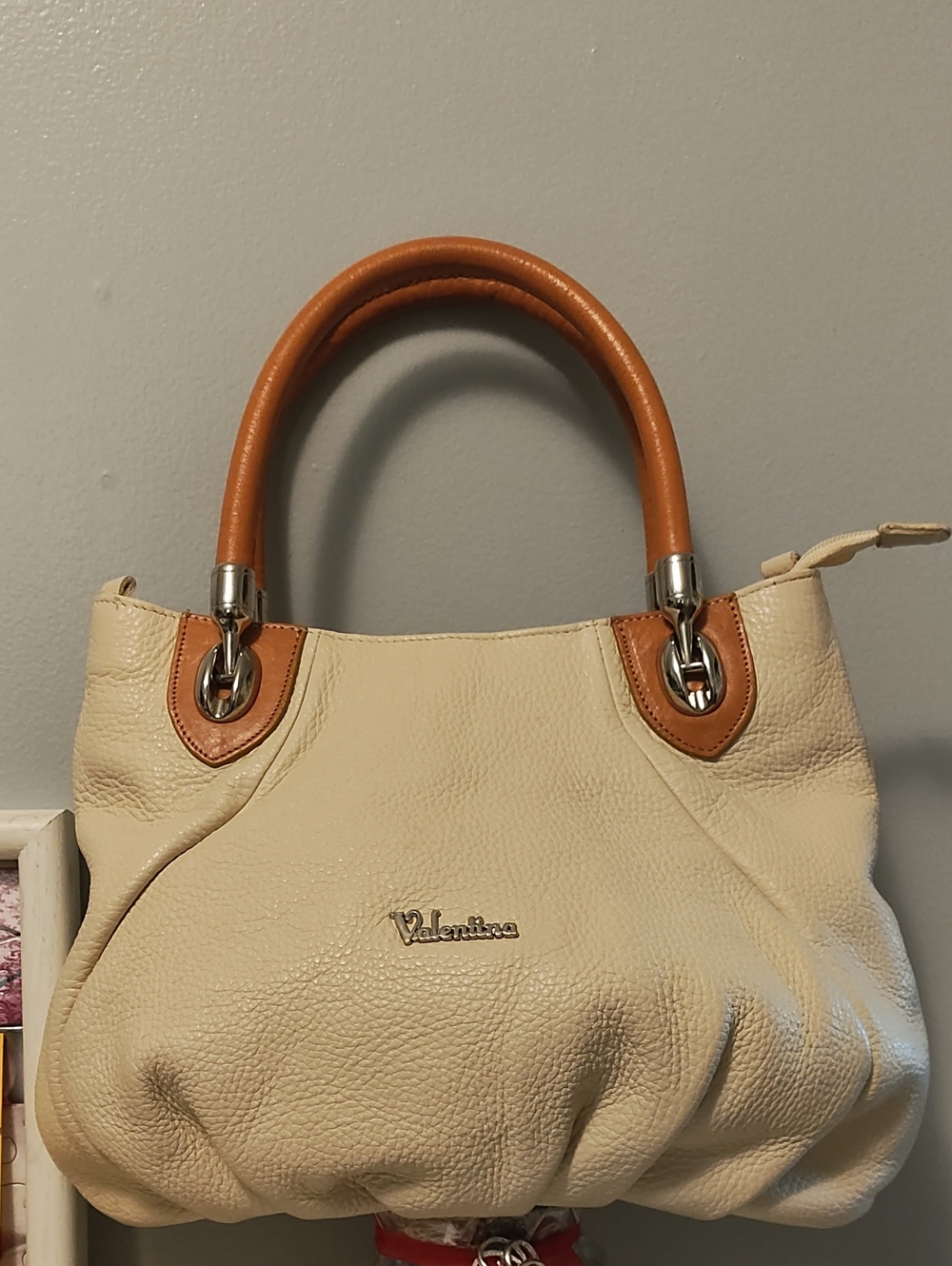 Valentina Cream Leather Satchel with Tan Handles